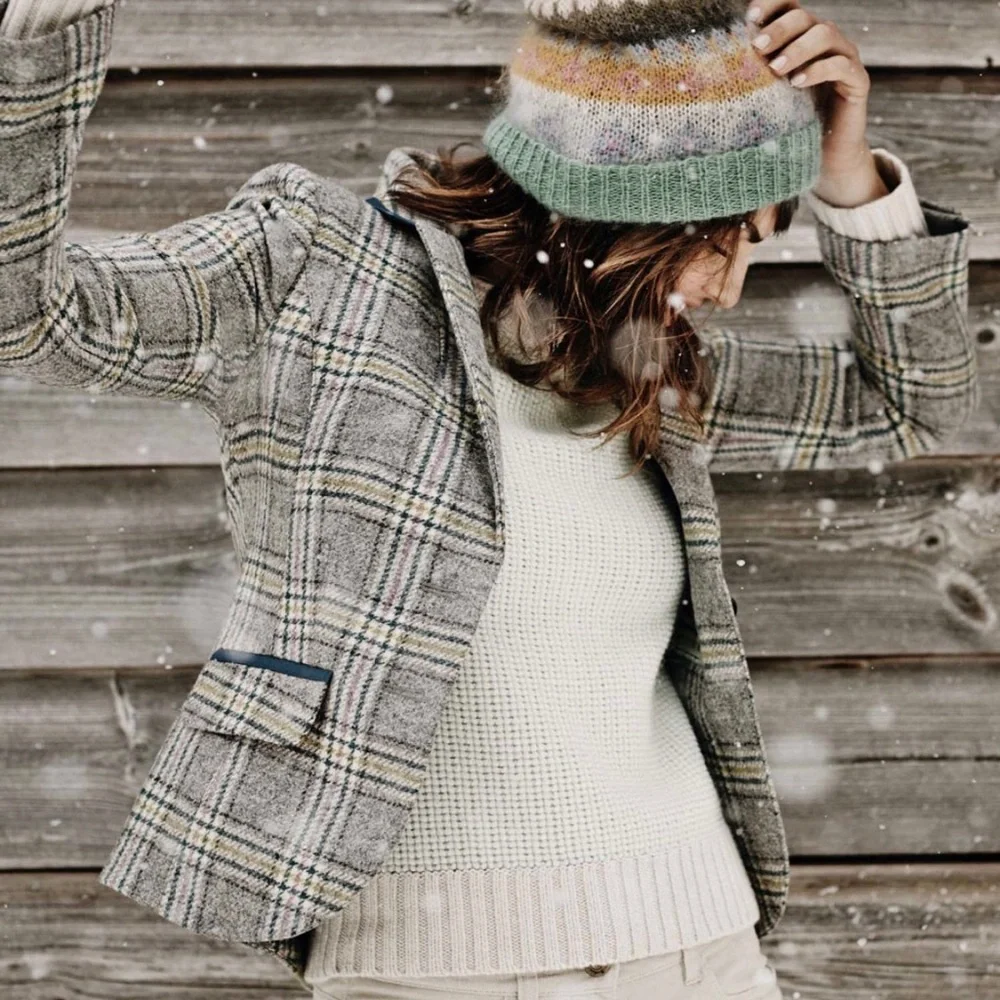 Womens Plaid Wool-Blend Blazer Jacket - Gray Plaid